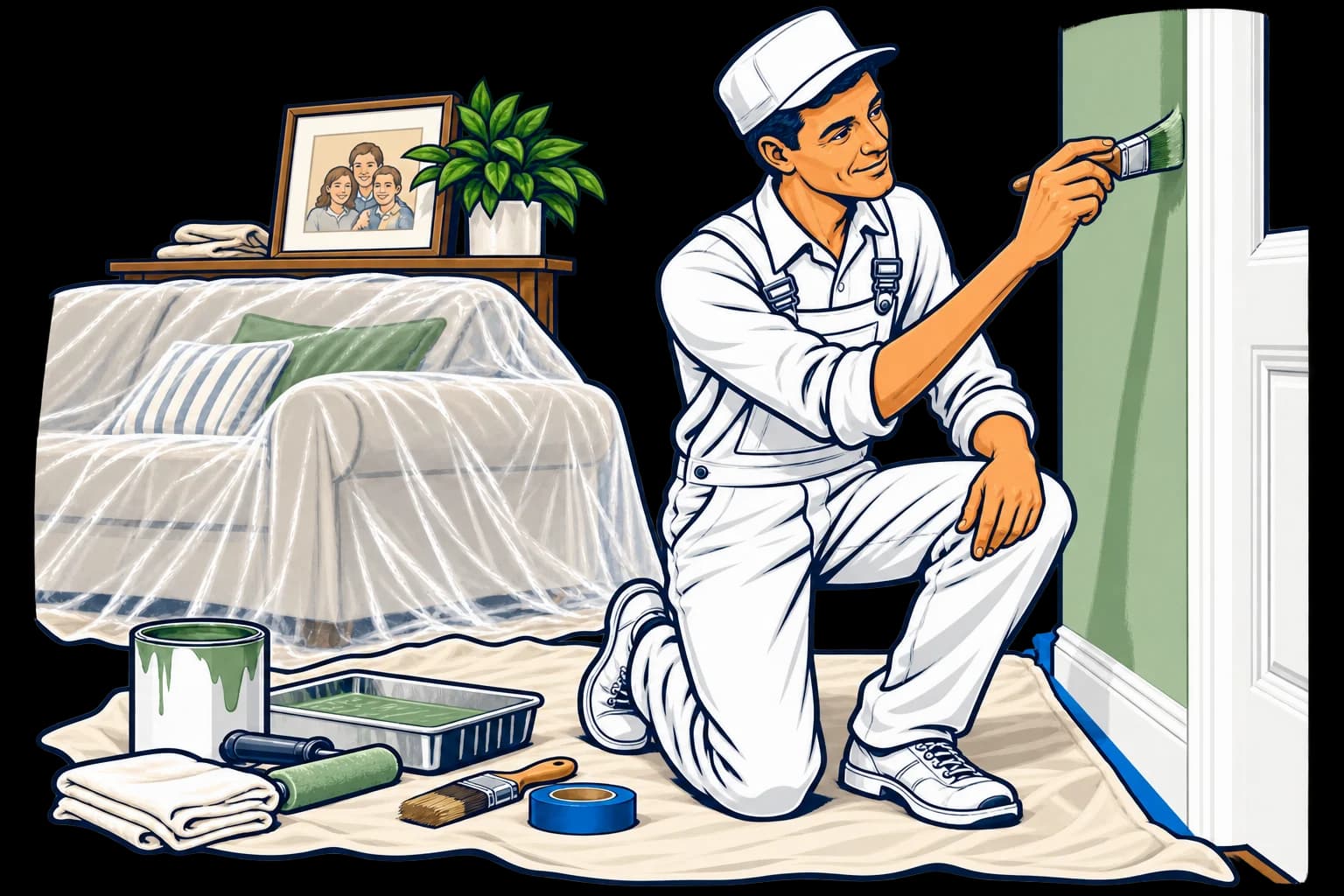 Allan carefully painting beside protected trim in a room with a covered sofa, dropcloth and neatly arranged tools.