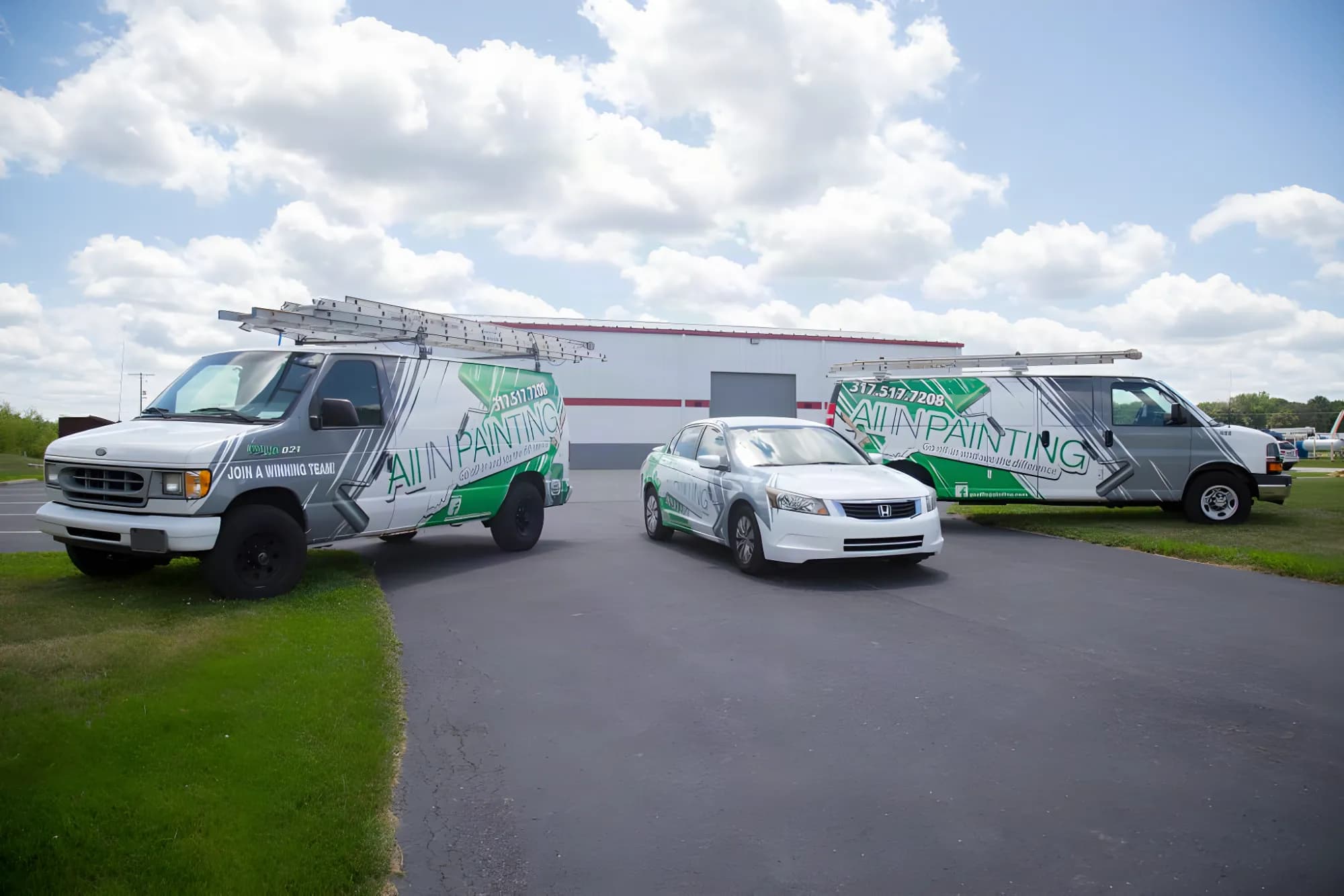 Two ALL IN Painting vans and a company car, one van lettered Join a Winning Team